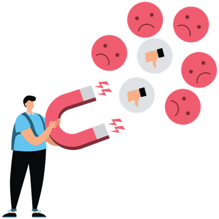 Businessman using magnet to magnetize negative emoticons  Illustration