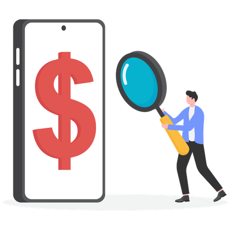 Businessman using magnifier glass doing online financial research  Illustration