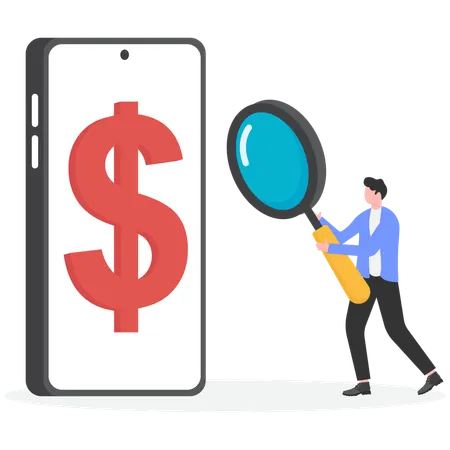 Businessman using magnifier glass doing online financial research  Illustration