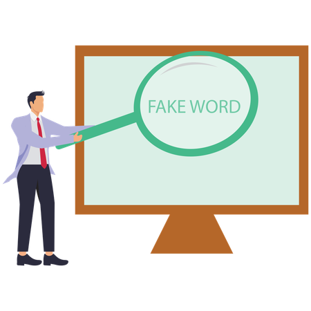 Businessman using magnify to laptop and sees word fake  Illustration