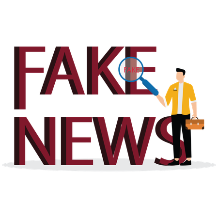 Businessman using magnify to word news in large size and word fake appears  Illustration