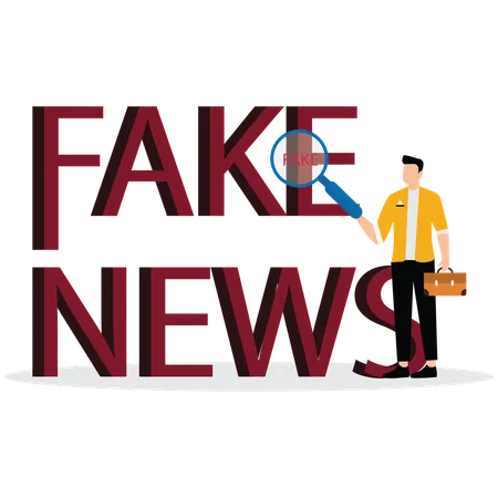 Businessman using magnify to word news in large size and word fake appears  Illustration