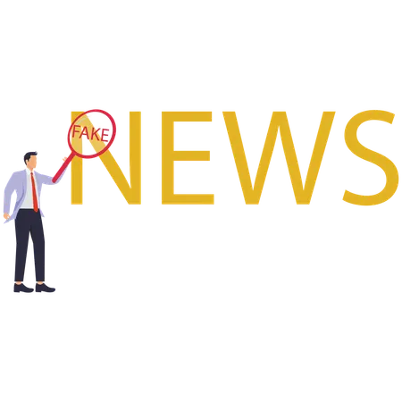 Businessman using magnify to word news in large size and word fake appears  Illustration