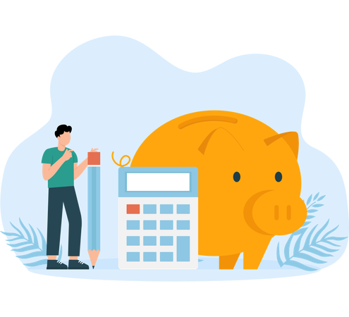 Businessman using magnifying glass to analyze cost chart with calculator  Illustration