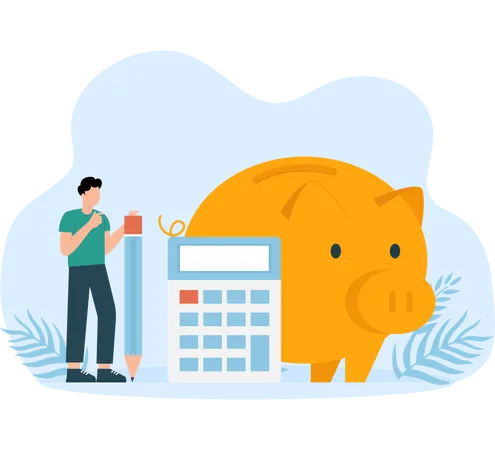 Businessman using magnifying glass to analyze cost chart with calculator  Illustration