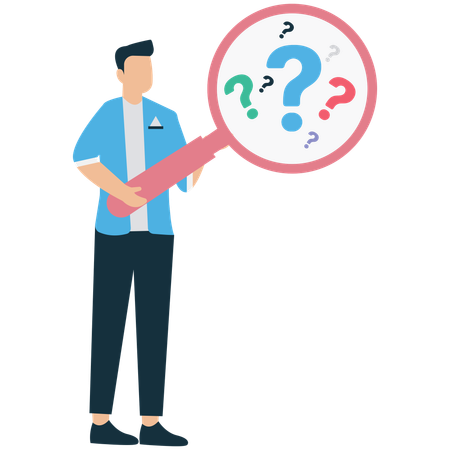 Businessman Using Magnifying Glass to Analyze Question Marks  Illustration