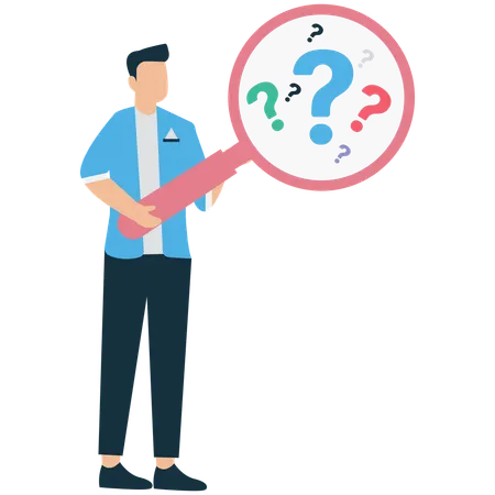 Businessman Using Magnifying Glass to Analyze Question Marks  Illustration
