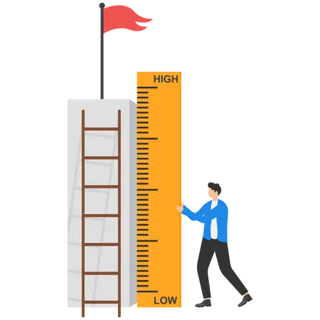 Business Success Measurement How Far From Business Goal And Achievement Or Growth Metric Analysis Concept Smart Businessman Using Measuring Tape To Measure And Analyze Distance From Target Flag Illustration