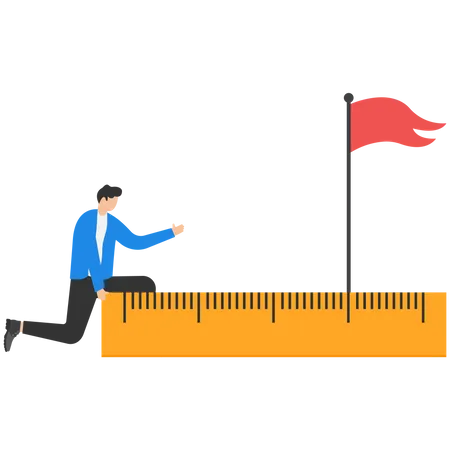 Businessman using measuring tape to measure and analyze distance from target flag  Illustration