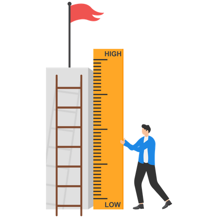 Businessman using measuring tape to measure and analyze distance from target flag  イラスト