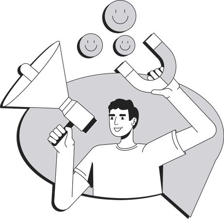 Businessman using megaphone and magnet to attract happy customers  Illustration