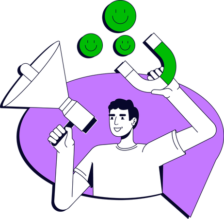 Businessman using megaphone and magnet to attract happy customers  Illustration