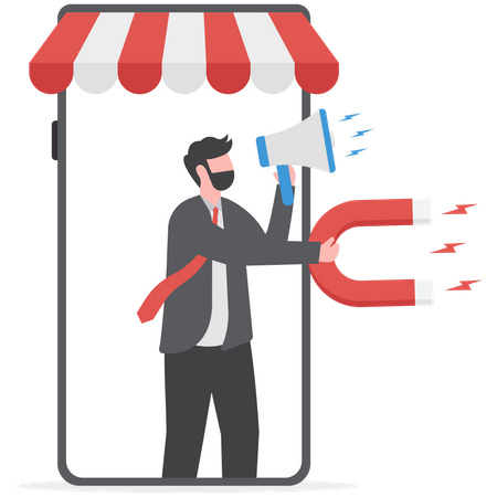 Businessman using megaphone with holding magnet attract new customers  Illustration