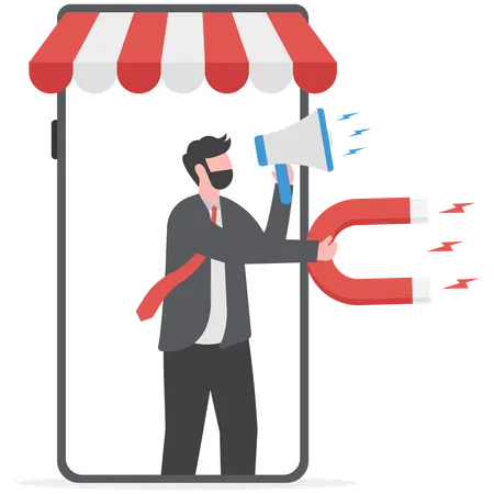 Businessman using megaphone with holding magnet attract new customers  Illustration