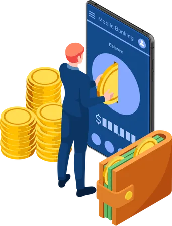Flat 3 D Isometric Businessman Put Gold Coin Into Smartphone Mobile Banking Concept Illustration
