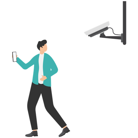 Businessman using mobile phone looking at cctv camera  Illustration