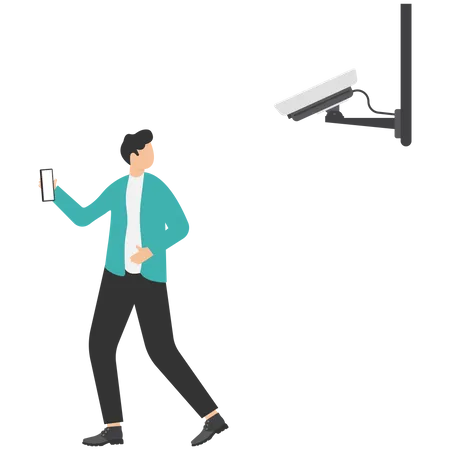 Businessman using mobile phone looking at cctv camera  Illustration