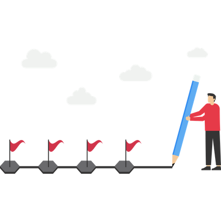 Businessman using pencil to draw workflow lines with milestone achievement flags  Illustration