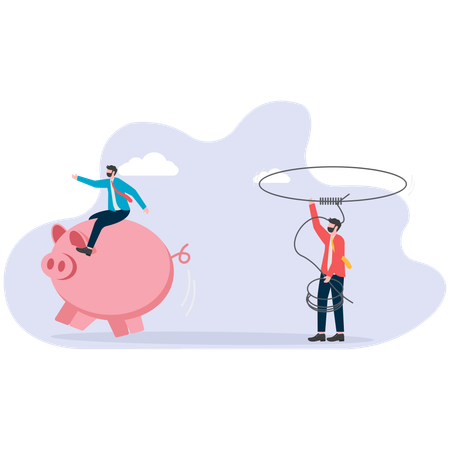 Businessman using rope to catch piggy bank  Illustration