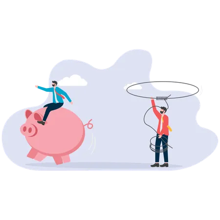 Businessman using rope to catch piggy bank  Illustration