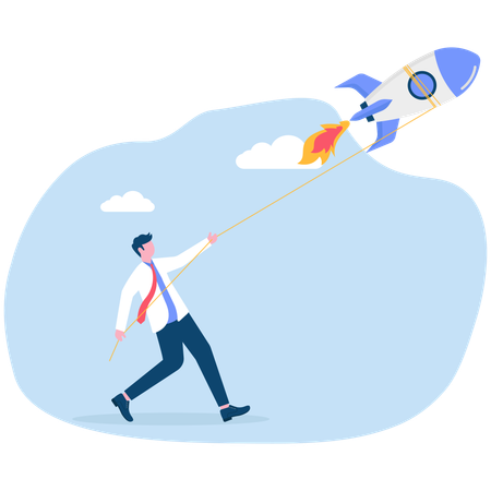 Businessman using rope to keep rocket from going  Illustration