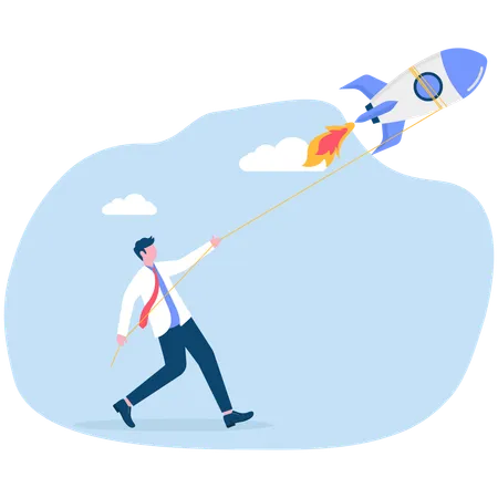 Businessman using rope to keep rocket from going  Illustration