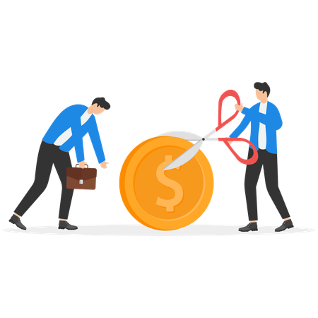 Businessman using scissors for cutting dollar coin  Illustration