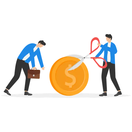 Businessman using scissors for cutting dollar coin  Illustration