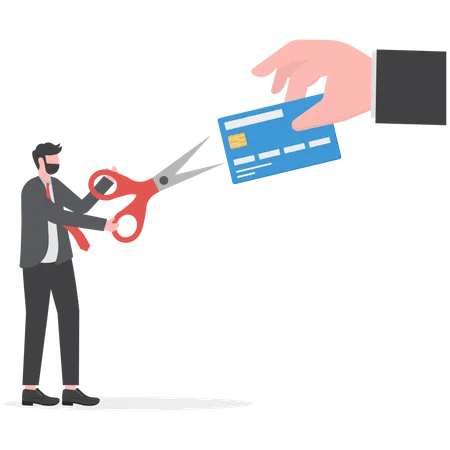 Businessman using scissors to cut credit card  Illustration