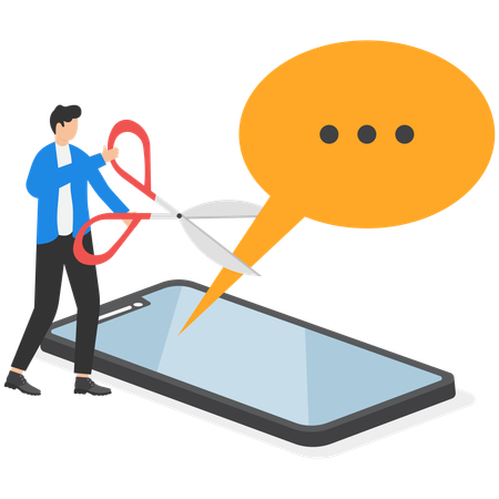 Businessman using scissors to cut out various message on mobile  Illustration