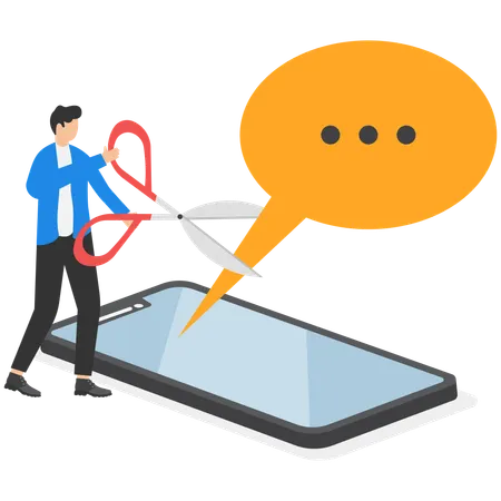 Businessman using scissors to cut out various message on mobile  Illustration