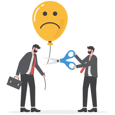Businessman using scissors to cut rope on anchoring balloon between Positive thoughts shift from feeling sad Optimism and power of mind to change mood  Illustration