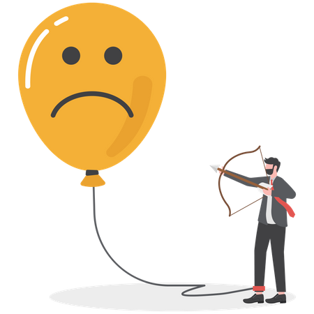 Businessman using scissors to cut rope on anchoring balloon between Positive thoughts shift from feeling sad Optimism and the power of mind to change mood, behavior  Illustration