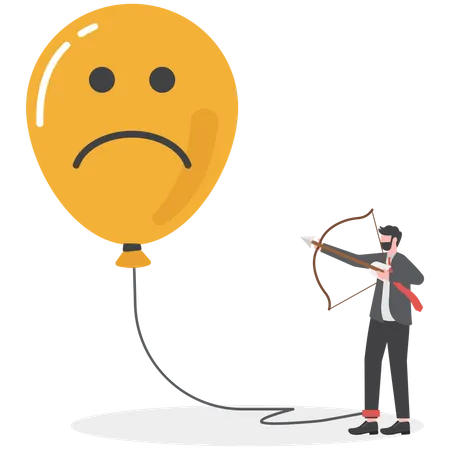 Businessman using scissors to cut rope on anchoring balloon between Positive thoughts shift from feeling sad Optimism and the power of mind to change mood, behavior  Illustration