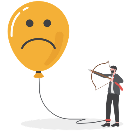 Businessman using scissors to cut rope on anchoring balloon between Positive thoughts shift from feeling sad Optimism and the power of mind to change mood, behavior  Illustration
