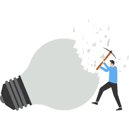 Businessman using sledgehammer and breaks light bulb  Illustration