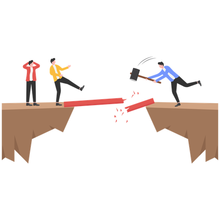 Businessman using sledgehammer to destroy bridge  Illustration