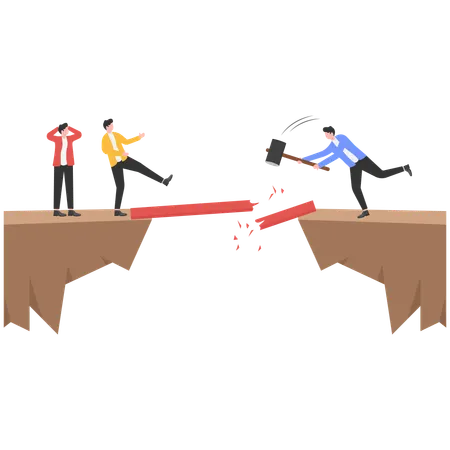 Businessman using sledgehammer to destroy bridge  Illustration