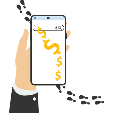 Businessman using smartphone analyze footprints track with dollar sign  Illustration