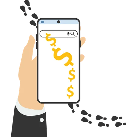 Businessman using smartphone analyze footprints track with dollar sign  Illustration