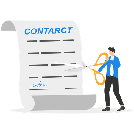 Businessman using sword to cut agreement contract document apart  Illustration