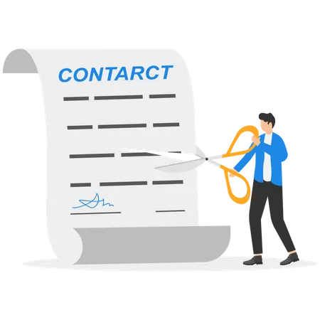 Businessman using sword to cut agreement contract document apart  Illustration