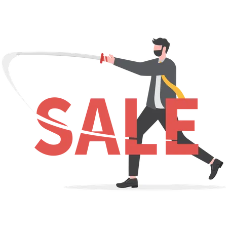 Businessman using sword to slash cut the word sale  Illustration