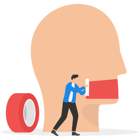 Businessman using tape to seal giant mouth with tape sealed mouth  Illustration