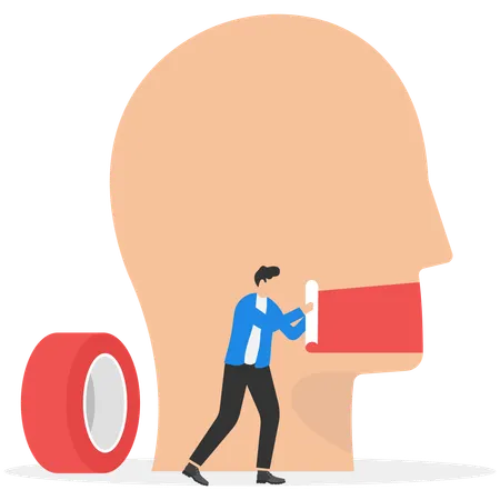 Businessman using tape to seal giant mouth with tape sealed mouth  Illustration