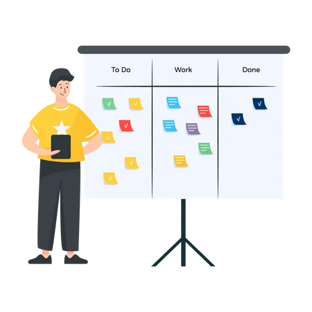 Businessman using task board for planning workflow  Illustration