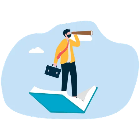 Businessman using telescope on flying book  Illustration