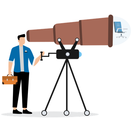 Businessman using telescope to find new vacant chair  Illustration