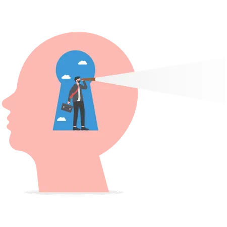Business Vision Concept Businessman Using Telescope To Look Into The Distance Self Discovery Positive Psychology And Self Awareness Illustration