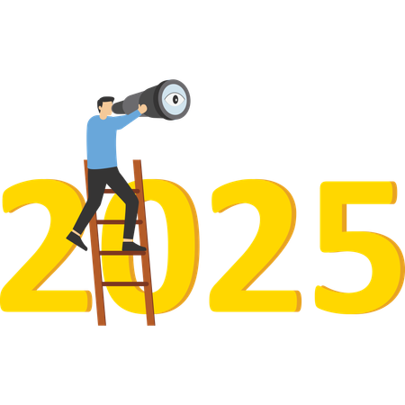 Businessman using telescope to see vision on top of ladder above year 2025 number.  Illustration